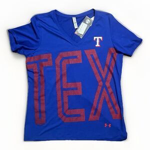Under Armour Texas Rangers TEX Blue V Neck Tee HeatGear Womens Large MLB